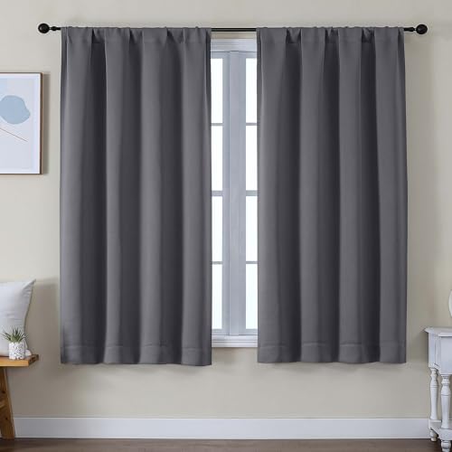 Image of Simplebrand Ava Grey Blackout Curtains for Bedroom 63 Inch Length 2 Panels Set, Solid Thermal Insulated Privacy Living Room Window Treatment Curtains Blackout Drapes, W50 x L63 Inch