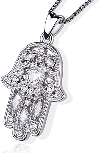 Hamsa handhalsband för män och kvinnor, silver Hamsa Fatima handhängande halsband, vintage onda ögon hänge, Silver, Kubisk zirkonia