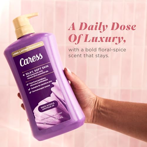 Image of Caress Black Orchid & Patchouli Oil Body Wash with Pump, Hyaluronic Acid & Vitamin B3 for Moisturized, Silky Soft Skin, Long-Lasting Exotic Fragrance, 30 fl oz (4 Pack)