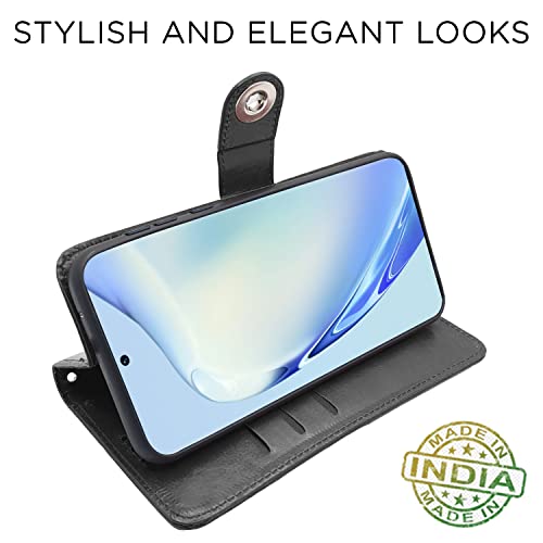 Image of Pikkme Vivo V27 / V27 Pro 5G Flip Cover Leather Finish | Inside TPU with Card Pockets | Wallet Stand and Shock Proof | Complete Protection Button Flip Case (Black)