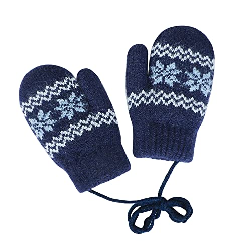 Moufles Enfant Hiver Gants de Ski en Tricot Doublure Polaire Motif Flocons de Neige Chauds Garçons Filles Mitaine Avec Corde Tour du Cou Accessoires Hiver 0-2 Ans