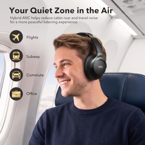 Image of 1Mii Hybrid Active Noise Cancelling Headphones for Gaming & Airplane Travel | Wireless Bluetooth 6.0 Over‑Ear Headset, Deep Bass, Custom EQ via APP, Hi‑Res Audio, 100H Playtime, Comfort Fit for Office