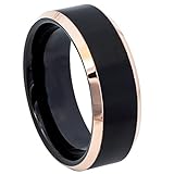 Tungsten King Two-tone Black Ion-plated Brushed Center and Polished Rose Gold Ion-plated Beveled Edge Comfort Fit Tungsten Carbide 8mm Mens Wedding - Anniversary Band - s7.5