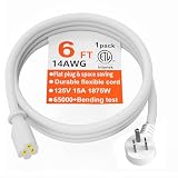 HUANCHAIN 14 Gauge 6 Feet Flat Plug Extension Cord White Indoor Outdoor, Heavy Duty 3 Prong Grounded Low Profile Extension Wire Flexible, 15A 1875W 125V 14AWG SJTW, ETL Listed