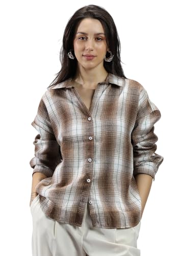 PINACOLADA Chocolate Brown & Cream White Gradient Check Relaxed Shirt for Casual Wear Spread Collar Long Cuff