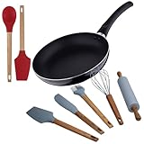 Juego de Sartén Ø24x4,5cm aluminio prensado + 2 utensilios de cocina cuchara y espátula color rojo + 5 Utensilios de cocina silicona PIXEL Chef Sauce