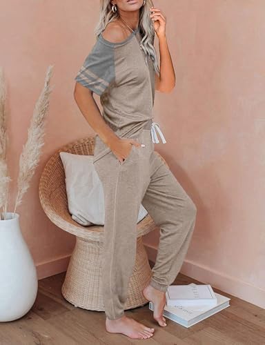 Image of PRETTYGARDEN Women Summer Two Piece Outfits Striped Short Sleeve Pullover and Long Pants Tracksuit Travel Pajama Lounge Set