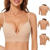 Zlmnp Low Back Bras for Women-Seamless Underwire Invisible Deep V Sexy Backless Bras-Backless Bra with Convertible Straps(Small,Nude)