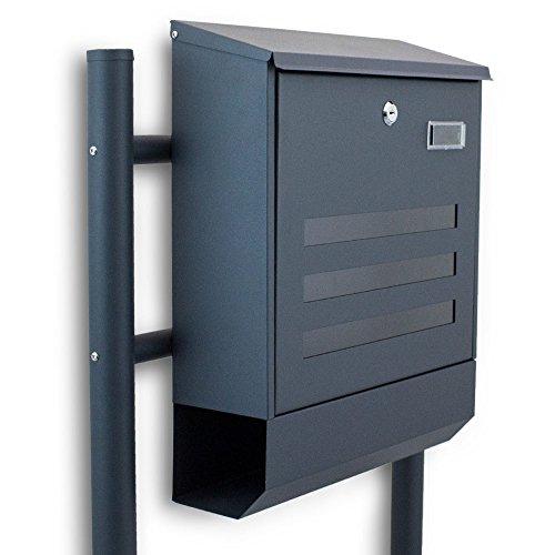 BITUXX® Freistehender Standbriefkasten Briefkastenanlage Briefkasten mit Zeitungsrolle Eckig und Fenster Dunkelgrau Anthrazit