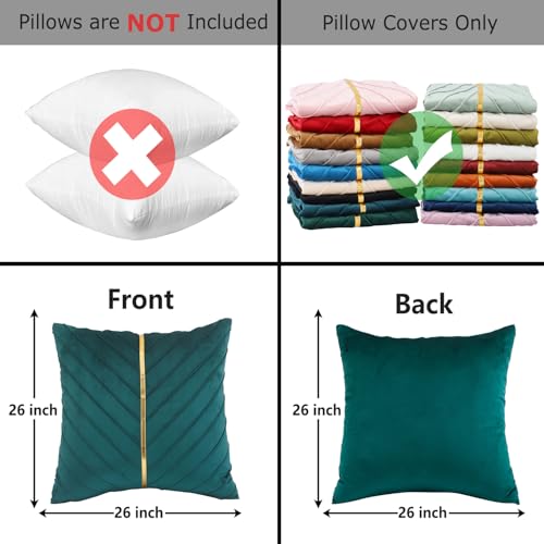 Image of Velvet Throw Pillow Covers 26x26 Pack of 2 Gold Decor Peacock Blue