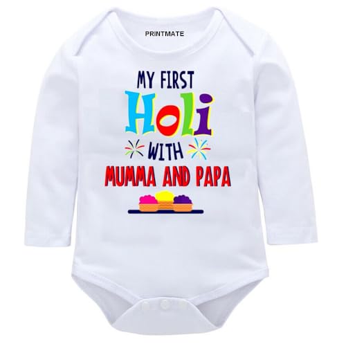 Image of Printmate Cotton My First Holi Dress White Full Sleeve Romper | Bodysuit For Baby And Toddlers -D100