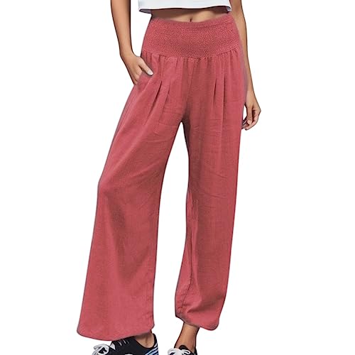 Calças de linho femininas de perna larga com cordão cintura elástica calças palazzo cintura alta com