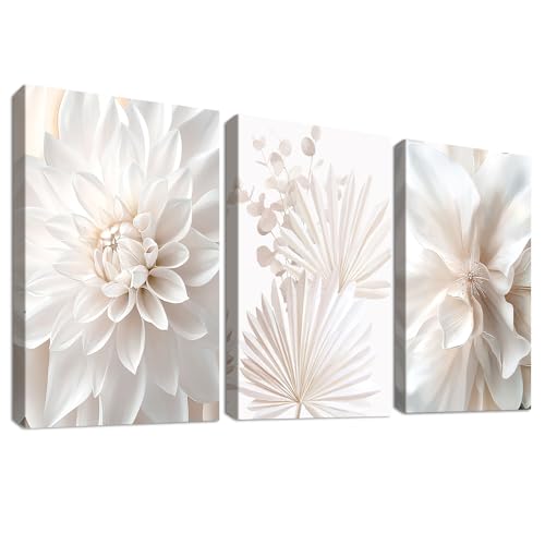 3Pcs Wooden Framed Canvas Wall Art White Lotus Peony Palm Leaves Canvas Prints Boho Minimalist Flower Pictures for Living Room Bedroom Kitchen Hallway Stairs Wall Decor 90x40cm(12″x16″x3pcs)