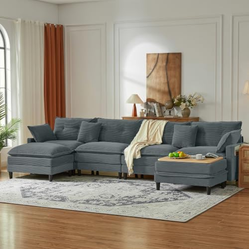 Image of 140.9 inch U-Shaped Modern Sofa Modular Sectional Cloud Couch with 2 Storage Ottoman Coffee Table, 4-Seat Corduroy Deep Seat Sofa with Throw Pillows for Living Room, Bedroom, Office, Grey
