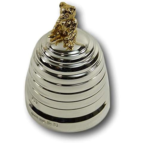 New - Hallmarked Sterling Silver - Teddy Bear on Beehive Box - Boxed Cover