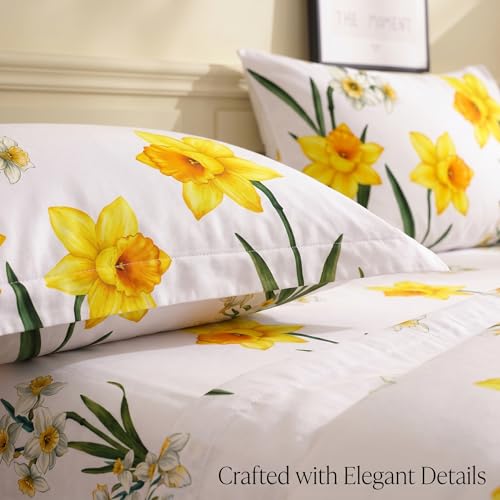 Image of BSB HOME 240 TC Cotton Bedsheet with 2 Pillow Covers, Soft Breathable Floral King Size Flat Bed Sheet - 90 x 100 Inches (228 x 254 cm) (Daffodil Yellow)