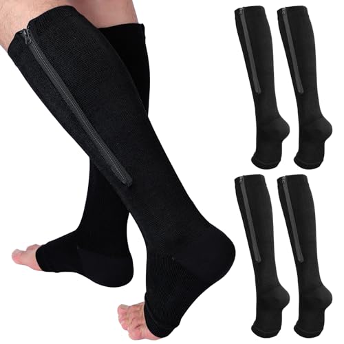 Image of Nuanchu 3 Pairs Open Toe Zipper Compression Socks 20-30mmhg Zipper Compression Toeless Knee High Socks for Men Swelling Edema