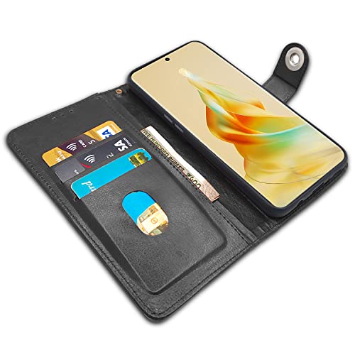 Image of Pikkme Oppo Reno 8T 5G Flip Cover Leather Finish | Inside TPU with Card Pockets | Wallet Stand and Shock Proof | Complete Protection Button Flip Case (Black)