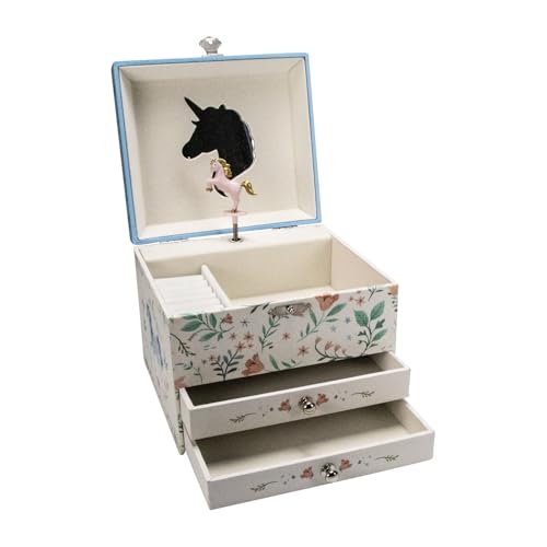 GICO Boîte à bijoux licorne à deux tiroirs pour filles avec mélodie, figurine tournante et miroir - Cadeau d'anniversaire pour filles - Boîte à bijoux...