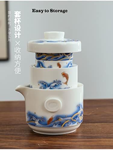 Service à thé, Ensemble de théière en céramique de Voyage, Ensemble de théière et de Tasse Chinoise avec Sac de Rangement Jaune, Service à thé en céramique esthétique Chinois tradi