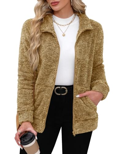 BesserBay Chaqueta de invierno para mujer, cálida, informal, cuello alto, forro polar, elegante, informal, suave, color marrón, talla L, marrón, L