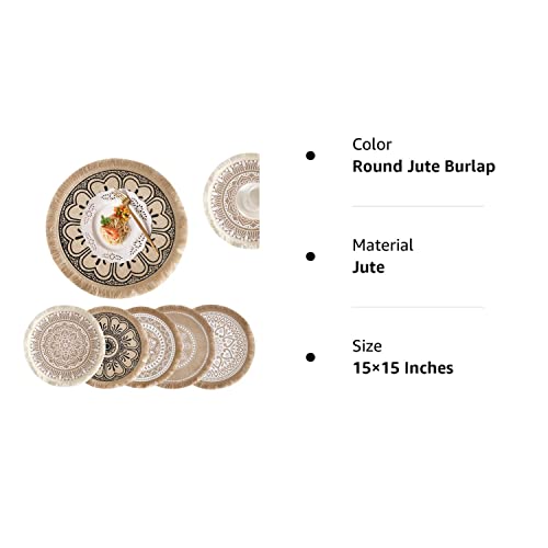 Richudf Set Of 6 Round Jute Burlap Table Woven Placemats With Fringe, Vintage Place Mats For Parties,Farmhouse,Bbq's, Christmas, Holidays Or Everyday Table Use-Size 15X15 Inches Occasion #TOP7