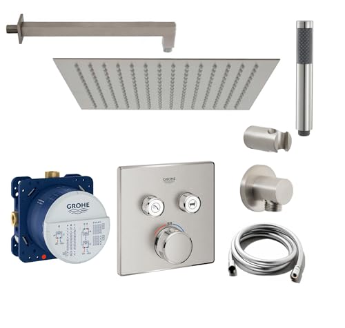 vanvilla Duschsystem mit Unterputz Duscharmatur von Grohe SmartControl Supersteel 2-Wege und vanvilla Regendusche mit Armatur, Duschkopf eckig, Dusch-SET GB03 gebürstet