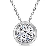 TJC Lab Grown Diamond Bezel Solitaire Pendant Necklace in Rhodium Overlay 925 Sterling Silver- SGL Certified, Adjustable 18–20 Inch - 1 Ct.