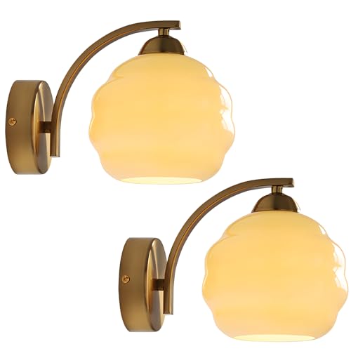 Image of Vintage Brass Wall Sconces Set of Two Modern Brushed Gold Wall Light Fixtures Bathroom Vanity Sconce Lights with Yellow Glass Shade Wall Lamp for Living Room Bedroom Hallway MCL13GD-2 (2 Pack)