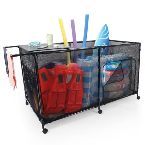 Arejonner 270Gal Pool Storage Organizer with Tabletop,Towel Bar,Zipper Doors,360° Rotating Wheels,Weather-Resistant,Easy Assembly,for Indoor Outdoor,Pool,Patio,Beach (L Size) by Arejonner - Used condition - US$104.49