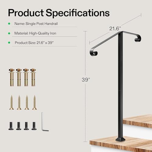 Image of VIVOSUN Outdoor Handrail, 2 Step Stair Handrail, 22 inch x 39 inch Fits 1 to 2 Steps, Wrought Mattle Iron Stair Railing with Dual Curved Ends for Concrete Steps, Porch Steps, Black