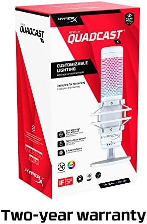 HyperX QuadCast S  RGB USB Condenser Microphone for PC, PS5, Mac, Anti-Vibration Shock Mount, 4 Polar Patterns, Pop Filter, Gain Control, Gaming, Streaming, Podcasts, Twitch, YouTube, Discord  White