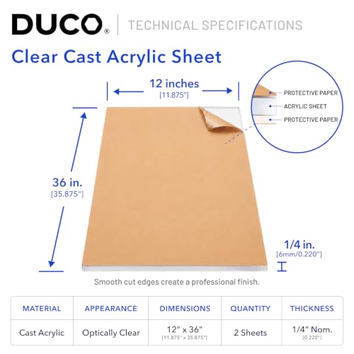 Image of Duco 1 /4 inch Clear Cast Acrylic Sheets, 12 inchx36 inch Plexiglass Sheets, 2 Pack