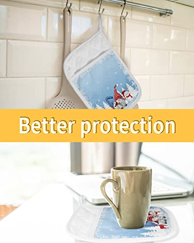 Christmas Gnome Snowman Reindeer Pot Holders With Pocket For Kitchen, Heat-Resistant Potholders Set Of 2, Hot Pads Oven Mitts With Hanging Loops For Home Cooking Baking Microwave, Blue Snowflake #TOP6