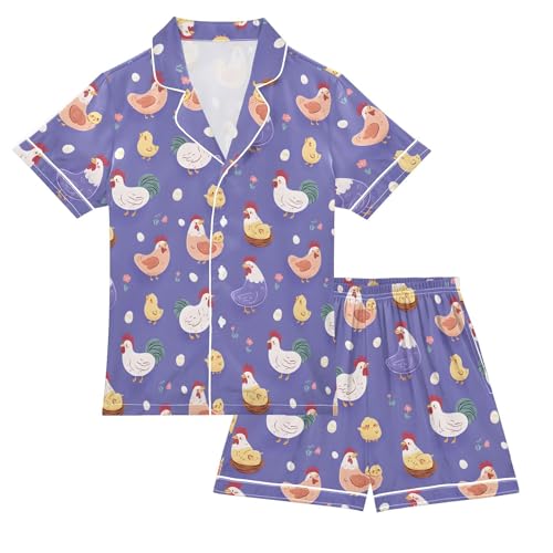 Purple Chicken Hen Pattern Pajamas Set Soft Satin Pjs Sets 2 Piece Short Sleeve Sleepwear Casual Loungewear