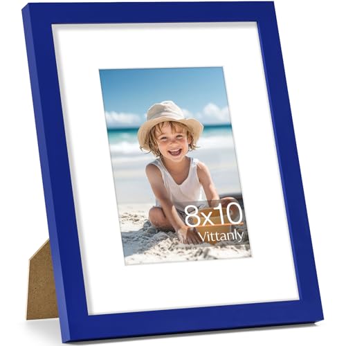 Vittanly 8x10 Picture Frame, Made of Solid Wood and Shatterproof Plexiglass, Display Pictures 5x7 with Mat or 8x10 without Mat, Wooden Photo Frame for Wall Mounting or Tabletop, Royal Blue, 1 Pack