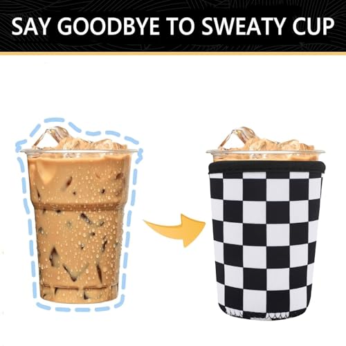 Image of YR Reusable Neoprene Insulator Sleeve for Iced Coffee Cups, 3 Pack Coffee Coolies sleeves for Iced & Hot Drinks, Cold Beverage Cooler Compatible with Starbucks Coffee and More (Checkerboard Pattern)