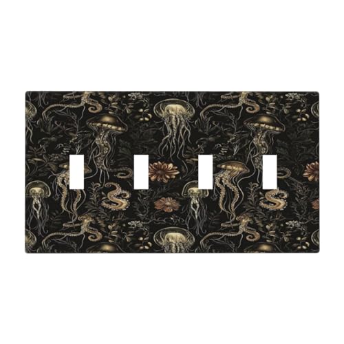 Decorative Switch Plate Covers Black Gold Jellyfish Squid Deep Sea Creatures 4 Gang Light Switch Cover Plate Quad Toggle Wall Plate Outlet Covers for Bedroom Home Decor