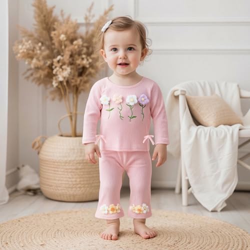 Toddler Girl 2Pcs Set Fall Outfits Crochet Flower Long Sleeve Round Neck Knit Tops + Elastic Waist Flared Pants3