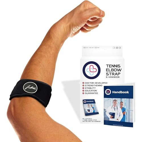 Tennis Elbow Support Strap with Doctor Handbook - Reliable Elbow Support for Men & Women - Adjustable Elbow Brace for Daily Wear Gym Sports Rapid Pain Relief from Tendonitis (Black - Single)