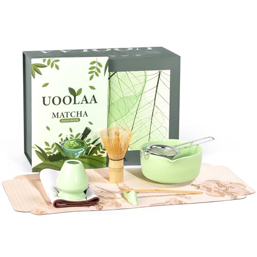 Traditional Matcha Tea Set, 8-Piece Complete Matcha Kit Set with Chawan Ceramic Bowl with Spout, Bamboo Whisk and Holder, Scoop, Sifter, Tea Towel Cloth and Mat - Ceremonial Matcha Bowl Set