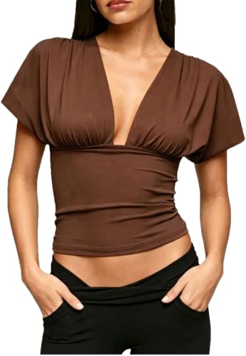 Women Deep V Neck Plunge Batwing Top Wrap Fitted Going Out Tops Brown