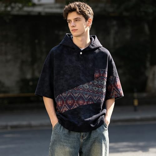 T-shirt à capuche patchwork homme coupe ample pour éviter la chaleur