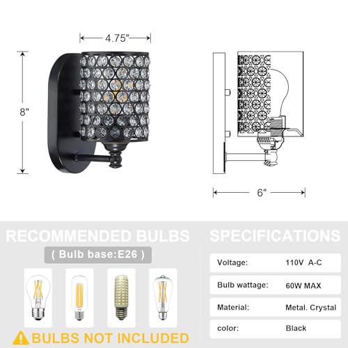 Image of Modern Concise Polyhedral Crystal Shade Wall Sconce Light Fixture,for Bathroom Bedroom Living Room Bedside 2 Pack 1 Light Black Finish