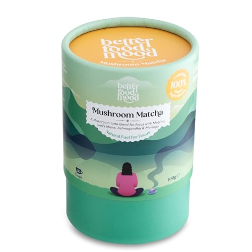 Better Food Mood Lion's Mane Mushroom Matcha Latte Powder 100g | Energy, Focus - Adaptogenic Ashwagandha Lions Mane Matcha Moringa Mushroom Blend