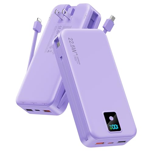 Rngsnoy Portable Charger 12000mAh 22.5W w/Built-in Cable & Wall Plug Purple
