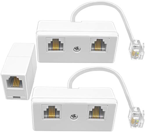 NECABLES 2+1Pack 2pcs Phone Jack Splitter 1 to 2 RJ11 6P4C 1 Male to 2 Females with 6in Pigtail and 1pc Phone Line Coupler for Landline and Fax White