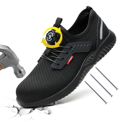 Safety Trainers Men Steel Toe Cap Trainers Women Safety Shoes Work Boots Mens Steel Toe Breathable and Comfortable Work Shoes Fashion Lightweight Boots Black