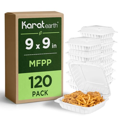 KARAT EARTH Clamshell - Recipientes de comida para llevar (9 x 9 pulgadas, 120 unidades), aptos para microondas, congelador, resistentes al remojo, duraderos, apilables, ventilados para alimentos
