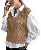 Tongmingyun Pullunder damski sweter bez rękawów, dekolt w serek, dzianinowy, jednokolorowy, do biznesu, na czas wolny, sweter, kamizelka, damska, khaki, M